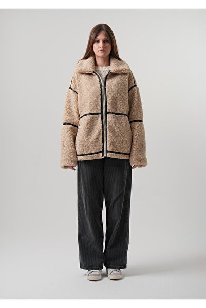 PIQUE Women's coat leather detailed women's oversize plush coat