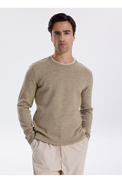 Fabrika Bisiklet Yaka Slim Fit Düz Haki Erkek Kazak F5WM-KZK 2321