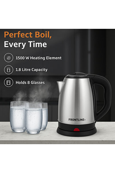 FRONTLINE Stainless Steel Electric Kettle 1.8 Liter, 1500W Fast Boil, Auto Shut-Off, Boil-Dry Protec