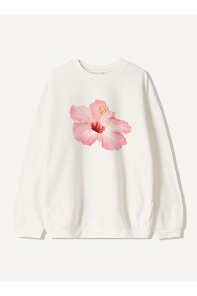 Disante Hanorac unisex oversize, roz deschis, imprimat cu hibiscus – decolteu...