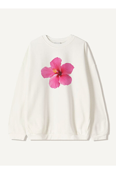 Disante Hanorac unisex oversize cu imprimeu Hibiscus roz închis – decolteu cr...