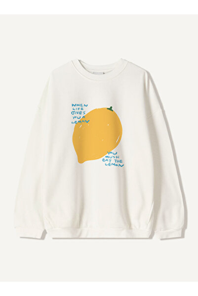 Disante سويت شيرت للجنسين بمقاس كبير مطبوع عليه Eat The Lemon – ياقة دائرية، ...