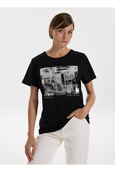 Fabrika Bisiklet Yaka Varaklı Siyah Kadın T-Shirt F5WL-TST0238