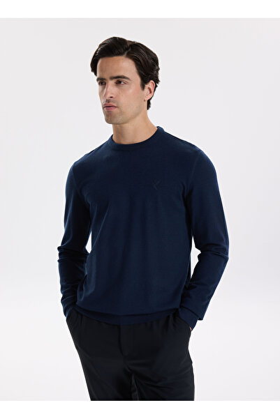 Fabrika Bisiklet Yaka Slim Fit Düz Lacivert Erkek Kazak F5WM-KZK 2883