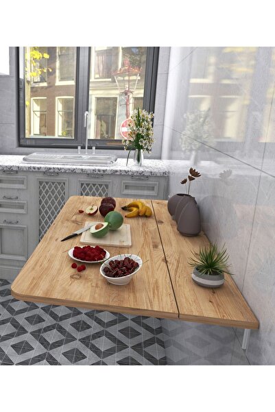 Kydonia Home 110x60 cm Oval Köşeli Çam Ahşap DesenliSabit Raflı Duvara Monte Kırma Katlanır Yemek Masası