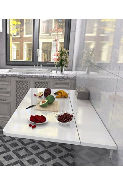 Kydonia Home 110x60 cm Oval Köşeli Mat Beyaz Sabit Raflı Duvara Monte Kırma Katlanır Yemek Masası