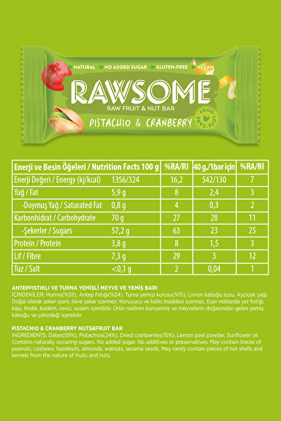 Rawsome Antep Fıstığı Ve Turna Yemişli Glutensiz Ve Vegan Bar 40g X 16 Adet