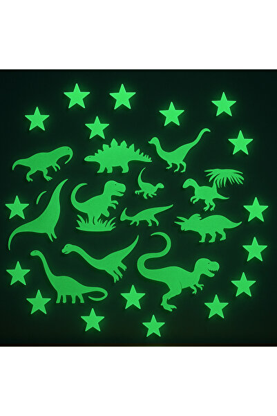 Baylin3D Karanlıkta Parlayan Fosforlu Dinozorlar ve Yıldızlar 25 Adet Tavan Duvar Süsü