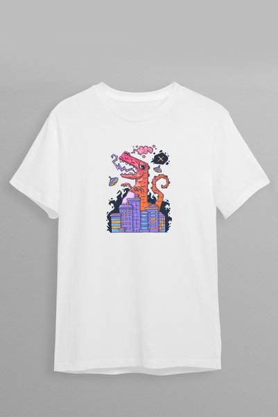 Justime Design Dinosaur Vector Front Print Oversize Cotton Crew Neck Unisex T...