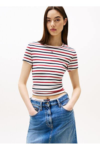 Tommy Jeans Yuvarlak Yaka Çizgili Lacivert - Kırmızı - Beyaz Kadın T-Shirt DW...