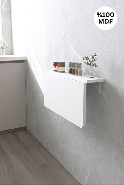 Kydonia Home 45x72 Cm Oval Köşeli Mat Beyaz Sabit Raflı Duvara Monte Kırma Katlanır Masa