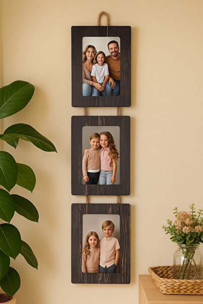 Studyo Plus İzmir Ahsap 3'lü 10x15 Cm İpli Fotograf çerçevesi Dikey Rebap Renk