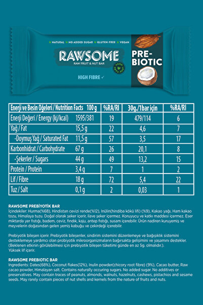 Rawsome Prebiotik Bar Glutensiz Ve Vegan 30g X 20 Adet