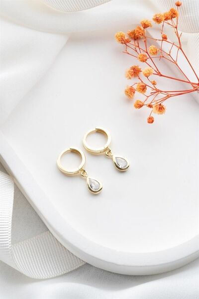 Silvano Jewelry 925 Ayar Gold Zirkon Taşlı Damla Gümüş Küpe