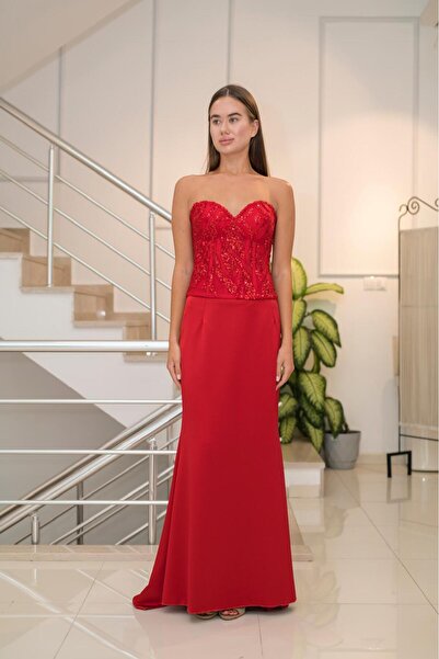 BEST FASHİON Q KIRMIZI BONCUK İŞLEMELİ ÜST STRAPLEZ BALIK ETEK