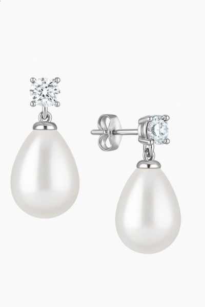 bymissmücevherat Işıltılı Tektaş Detaylı Damla Beyaz İnci Taşlı Gümüş Küpe