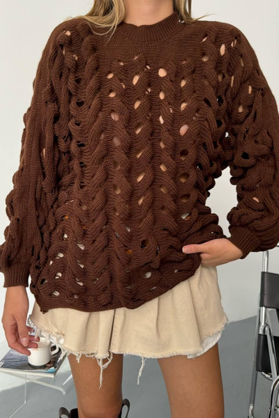 İLKCET MODA سترة نسائية كبيرة الحجم من التريكو باللون البني المخرم