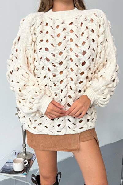 İLKCET MODA Διάτρητο πλεκτό εκρού Γυναικείο πουλόβερ Oversize