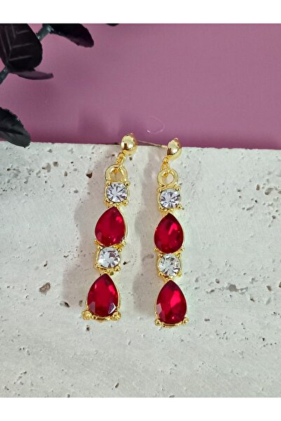 mos&more Red Gold Crystal Stone Evening Dress Women's Earrings