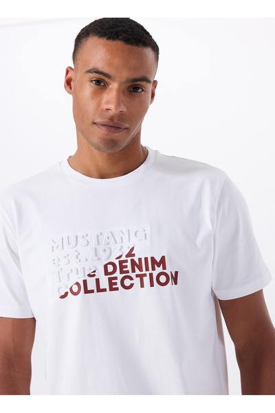 Mustang Bisiklet Yaka Baskılı Beyaz Erkek T-Shirt M5WM-TST1586