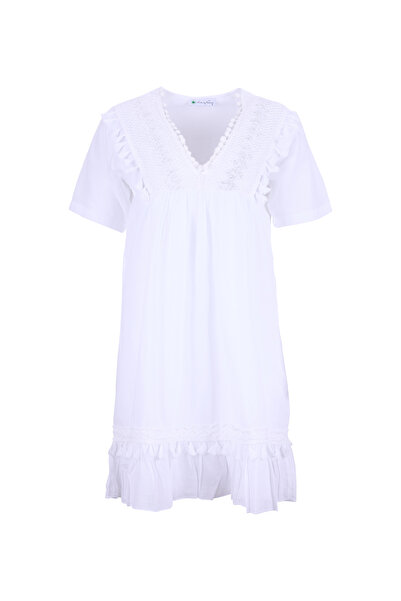 White By Nature V Yaka Beyaz Orta Kadın Elbise 110248