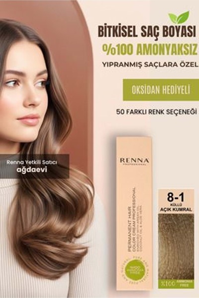 Renna AMONYAKSIZ Bitkisel Yıpranmış Saçlar İçin Saç Boyası 8-1 KÜLLÜ AÇIK KUM...