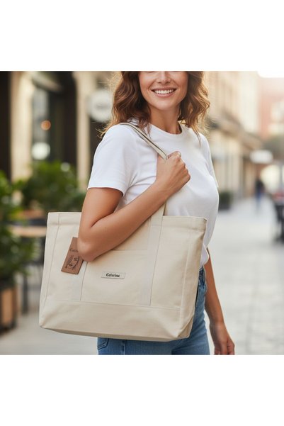 Caterina Collection Zippered Canvas Bag Medium Beige