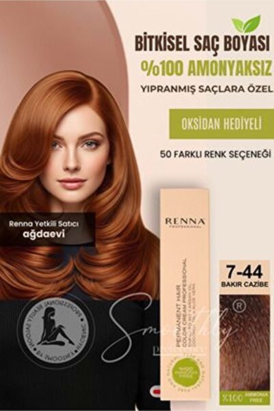 Renna AMONYAKSIZ Bitkisel Yıpranmış Saçlar İçin Saç Boyası 7-44 BAKIR CAZİBE ...