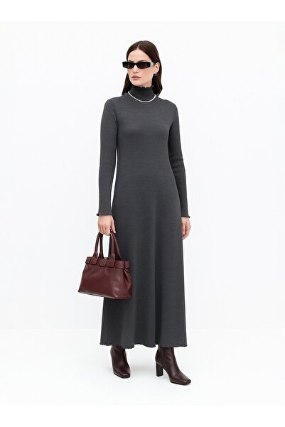 Refka Ruffle Detailed Turtleneck Knitwear Hijab Dress - Anthracite -
