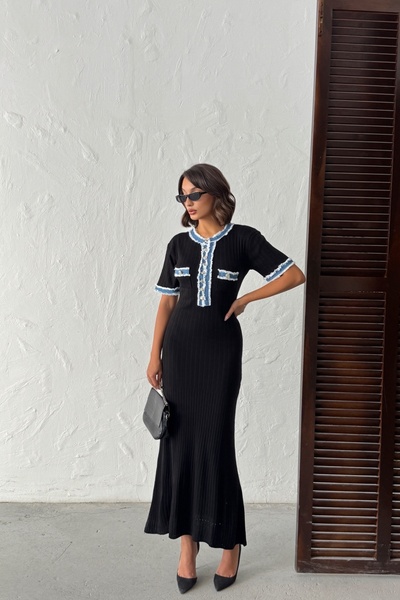 Lusin Női fekete, stílusos farmer részletekkel díszített, rövid ujjú, gombos kötött ruha