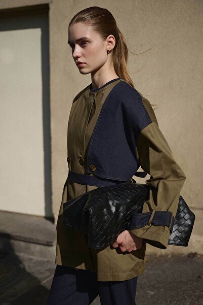 Hooopstore Denim Detaylı Kruvaze Haki Trençkot