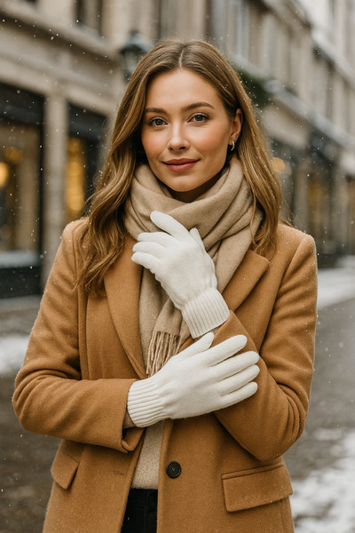 Luminos Butik Ecru Colored Unisex Knitted Gloves - Eld01 Model