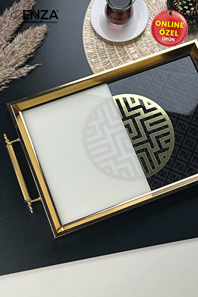 Enza Mint Gold Tepsi Cam Baskılı 48x29 CM