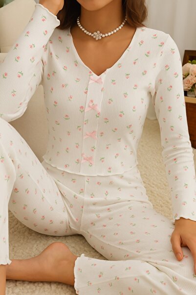 ELİTOL Set de pijamale pentru femei cu mâneci lungi, tricotate cu model flora...