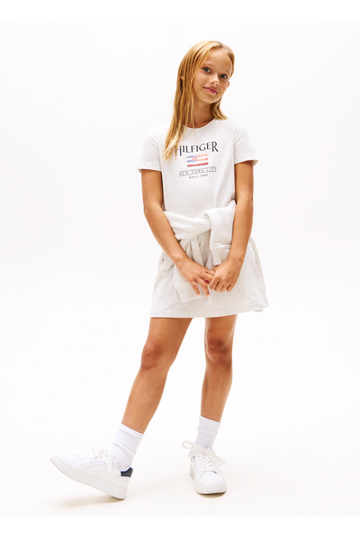 Tommy Hilfiger Baskılı Gri Kız Çocuk Diz Üstü Elbise KG0KG08563PMT
