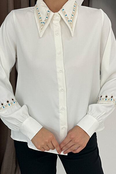 TRENDBUTİKOFFİCİAL Cămașă de damă cu detaliu de broderie cu manșetă cu rever