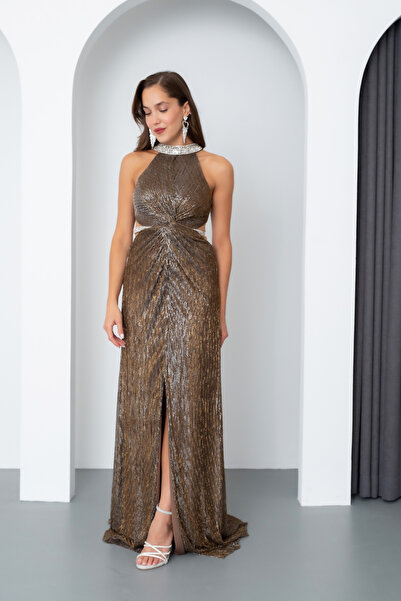 Lafaba Γυναικείο μακρύ βραδινό φόρεμα με καφέ λαιμόκοψη και πέτρες