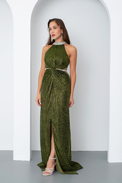 Lafaba Γυναικείο Σμαραγδένιο Πράσινο Φόρεμα Βραδινό Μακρύ Φόρεμα με Πέτρες