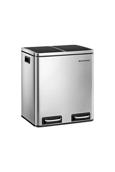 SONGMICS Trash can with pedal, 2 compartments, 2x15L, silver/black, stainless steel