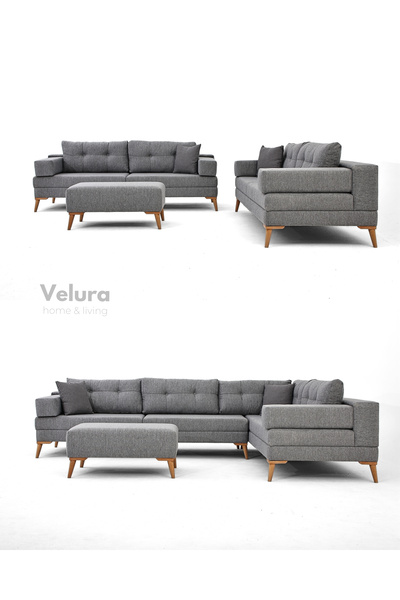 Velura Home & Living Zeri Yataklı Puzzle Modüler Köşe Koltuk Takımı & Puflu Köşe Takımı - Sütlü Kahve - 160