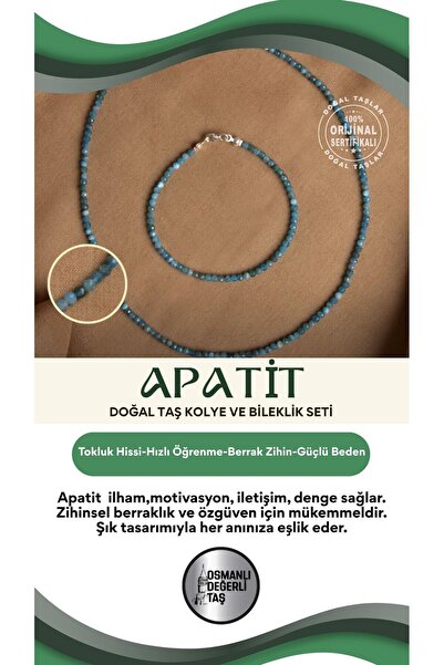 OSMANLI DEĞERLİ TAŞ Sertifikalı Apatit Doğal Taş Kolye ve Bileklik Seti