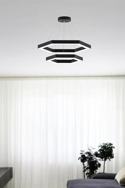 Hegza Lighting Hexagon Piramit ( Siyah Kasa, Doğal Beyaz Işık ) Modern Led Avize, Salon, Mutfak, Masa, Sarkıt
