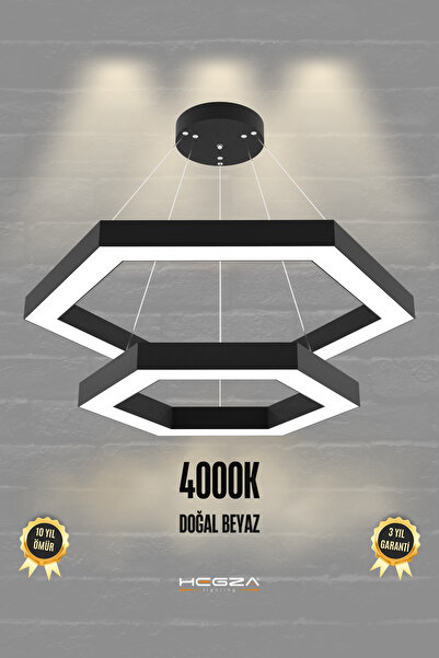 Hegza Lighting Hexagon Piramit ( Siyah Kasa, Doğal Beyaz Işık ) Modern Led Avize, Salon, Mutfak, Masa, Sarkıt