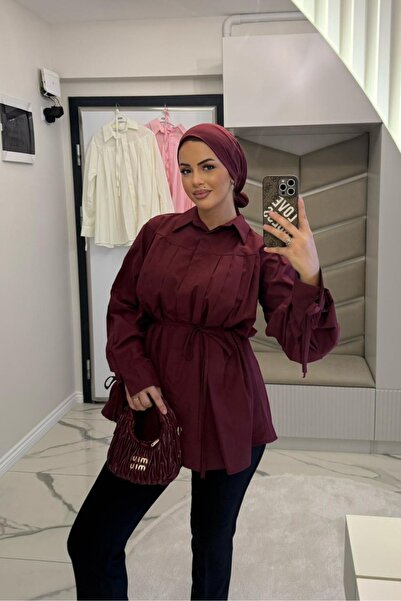 megapol Kadın Bordo Plikaşe Kollu Gömlek
