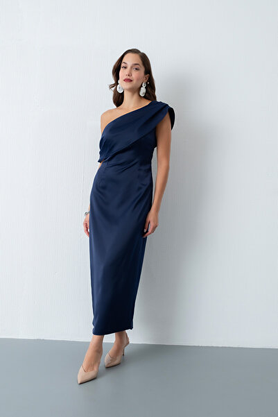 Lafaba Жіноче синє сукня з дегажним коміром з атласу