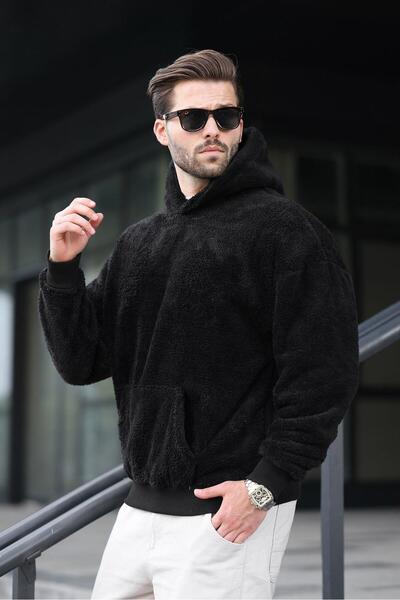 Madmext Μαύρο βελούδινο ανδρικό φούτερ με κουκούλα 6050