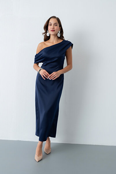 Lafaba Жіноче синє сукня з дегажним коміром з атласу