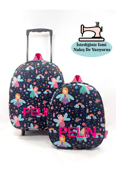 migie Kişiye Özel İsimli Çekçekli Çanta ve Sırt Çantası Anaokulu/Kreş Seti (2'li Set) Küçük Peri 2-6 Yaş