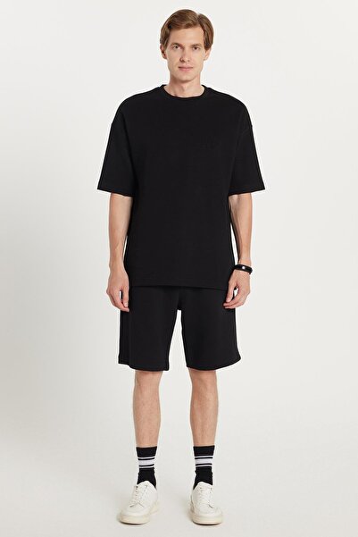 Tudors Men's Standard Fit 100% Cotton Crew Neck Waist Lace-Up Black Shorts Suit