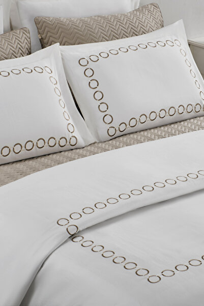 PASIONI طقم غطاء لحاف مزدوج من إيما مطرز من قطن الساتان بنسبة 100% باللون البيج